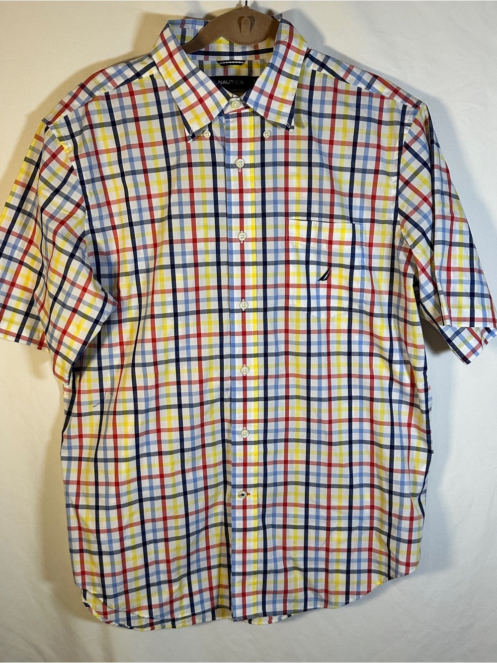 Nautica Men's Short Sleeve Multicolor Plaid Button-Up Shirt with pocket.